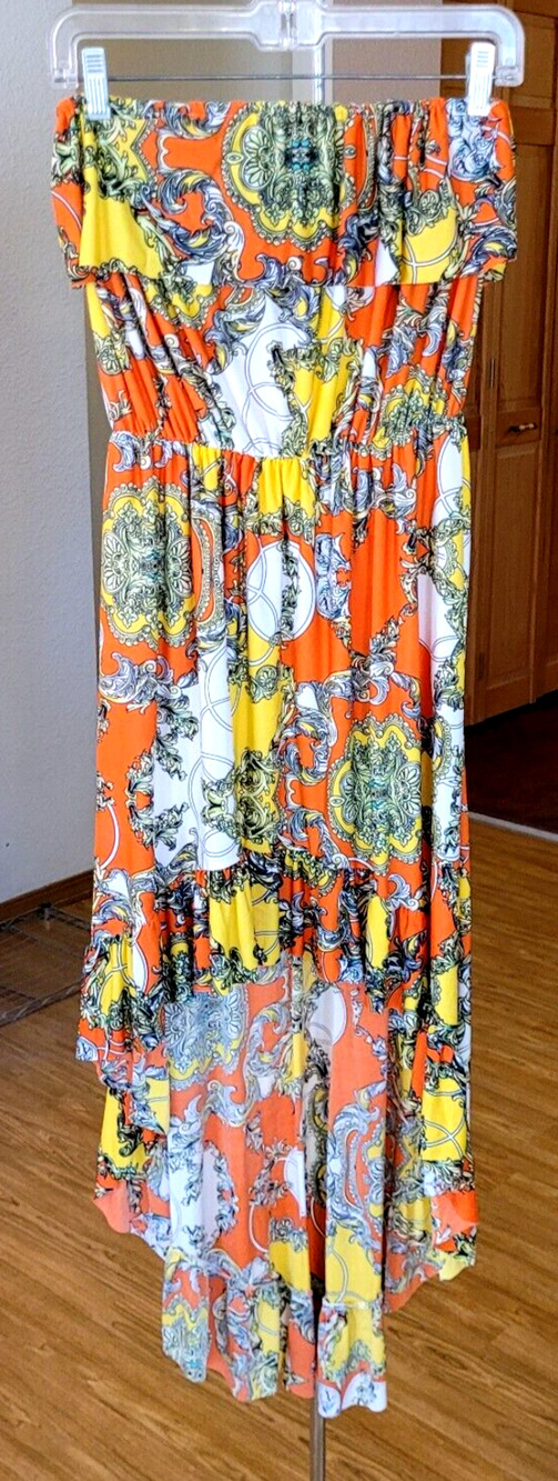 Elan Womens M Strapless Cover Dress Hi Low Stretch Orange Bold Tropical Beachy